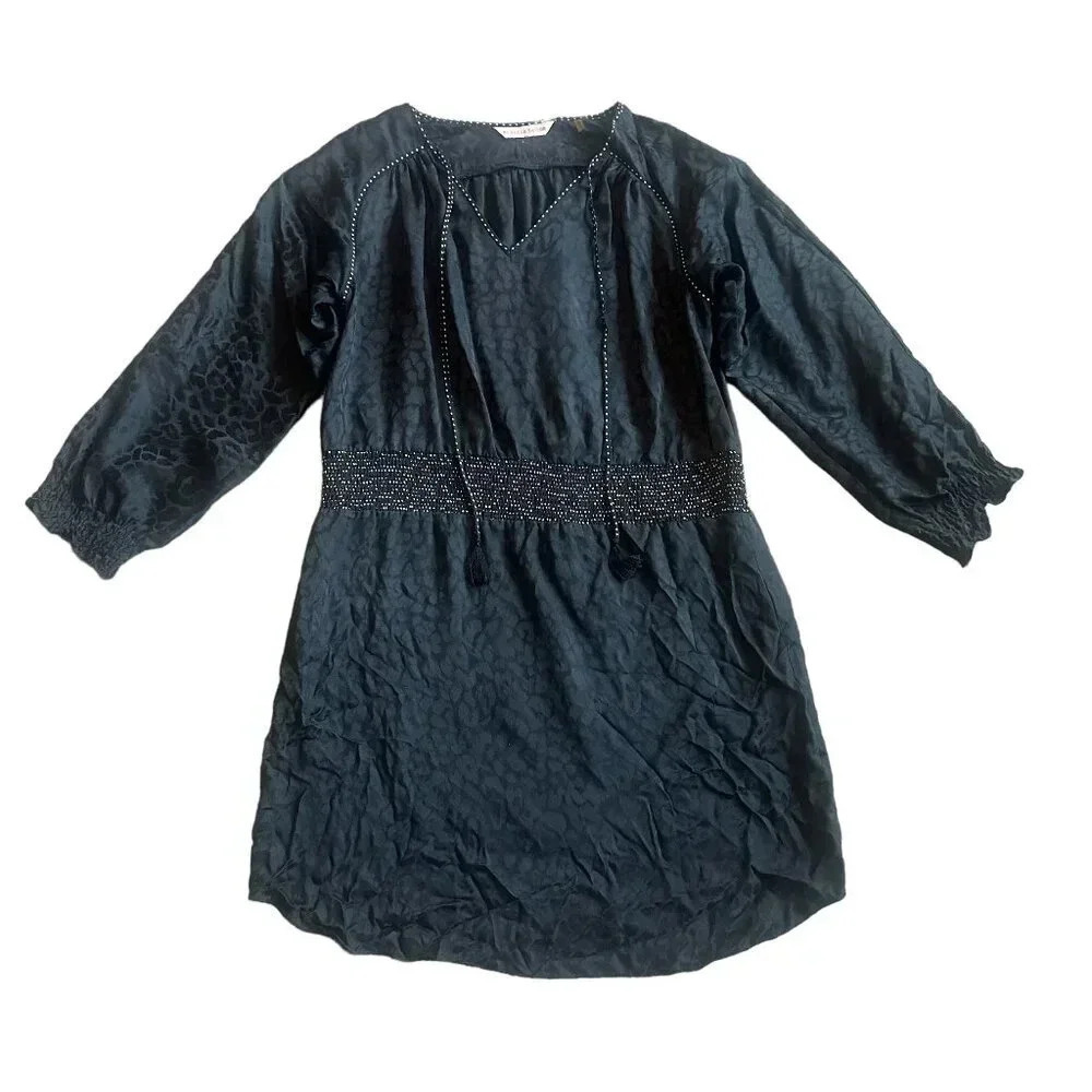 Rebecca Taylor Black Leopard Print Silk Dress Flowy Stretch Waist Size 6 Women's
